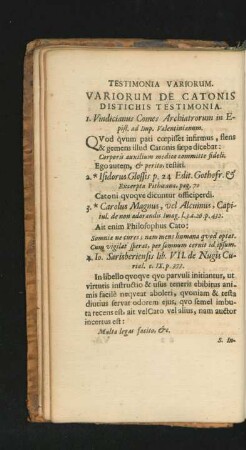 Testimonia Variorum De Catonis Distichis.