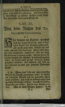 Cap. IV. [VI.] Von dem Nutzen des Tobacs in der Oeconomie
