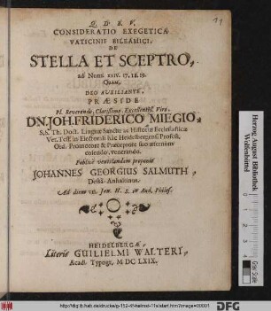 Consideratio Exegetica Vaticinii Bileamici, De Stella Et Sceptro, ad Num. XXIV. 17. 18. 19.
