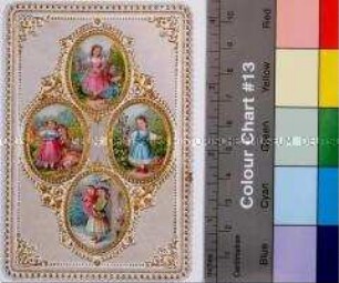 Glückwunschkarte mit medaillonartigen Darstellungen und Jahreszeitensprüchen; um 1900