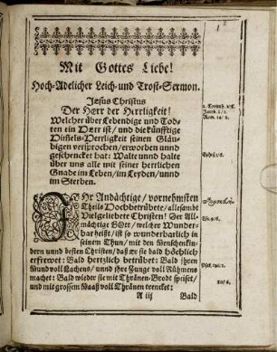 Mit Gottes Liebe! Hoch-Adelicher Leich- und Trost-Sermon