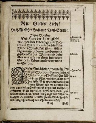Mit Gottes Liebe! Hoch-Adelicher Leich- und Trost-Sermon
