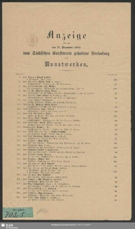 1902: Anzeige über die am ... vom Sächsischen Kunstverein gehaltene Verlosung von Kunstwerken