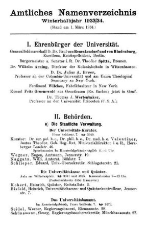Amtliches Namenverzeichnis Winterhalbjahr 1933/34.
