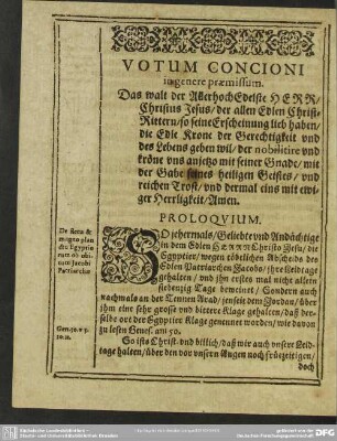 Leichenpredigt : Christliche Leichpredigt. Votum Concioni in genere praemissum. Proloquium. Textus. Concionis Exordium. Loci Enucleatio