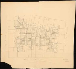 Gartenanlage Bausgesellschaft Vorgebirgspark, Köln (?): Lageplan eines Garten gelegen zwischen der Vorgebirgs-Straße, Irmgard Straße und der Bauerbank Straße