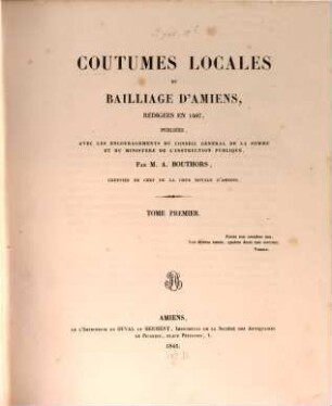 Coutumes locales du bailliage d'Amiens. 1