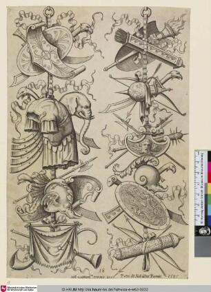 [Le premier trophée à gauche offre au milieu une cuirasse et la tête d'un éléphant; Trophies with Body Armor and the Head of an Elephant; Trophäen, eine davon mit Brustpanzer und Elefantenkopf]