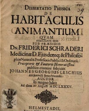 Diss. ... de habitaculis animantium