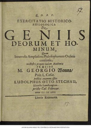 Exercitatio Historico-Philologica De Geniis Deorum Et Hominum