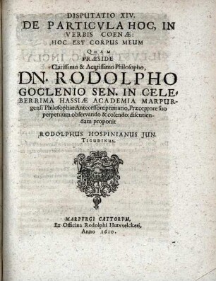 De particula hoc, in verbis coenae: hoc est corpus meum