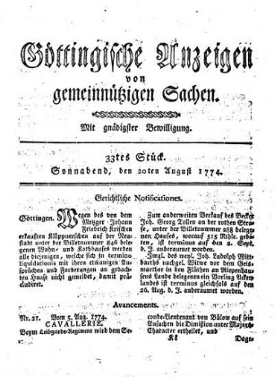 33tes Stück. Sonnabend, den 20ten August 1774.
