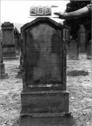 Grabstein 253 (Index: 99797754) Material: Sandstein, weiß Zustand: leicht verwittert Maße HxBxT: 126x51x12 cm Beschreibung: Stele, abgeflachter Giebel, Sockel: Grabstein 253