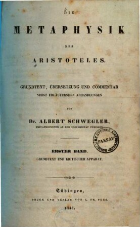 Die Metaphysik des Aristoteles : Grundtext, Uebersetzung und Commentar nebst erläuternden Abhandlungen, 1. Grundtext und kritischer Apparat