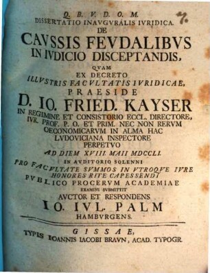 Dissertatio inavgvralis ivridica de cavssis fevdalibus in ivdicio disceptandis