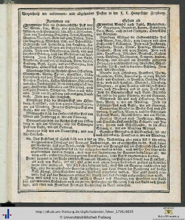 Verzeichniß der ankommen- und abgehenden Posten in der k. k. Hauptstat Freyburg.