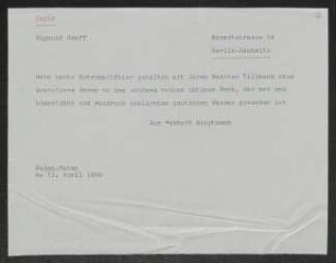 Brief von Gerhart Hauptmann an Sigmund Graff