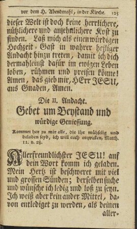 Die II. Andacht. Gebet um Beystand und würdige Geniessung.