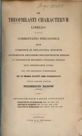 De Theophrasti charactervm libello : commentatio philologica