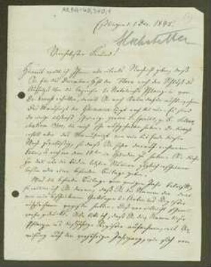 Brief von Christian Ferdinand Hochstetter an Unbekannt