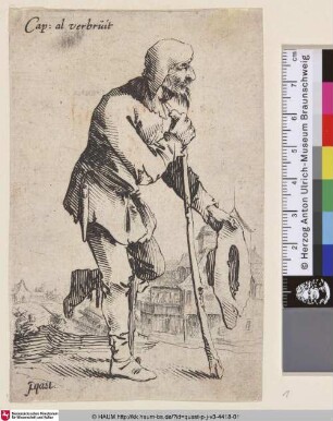[Ein lahmer Mann stützt sich auf seinen Stock; Lame man in right profile leaning on a staff held in his right hand]
