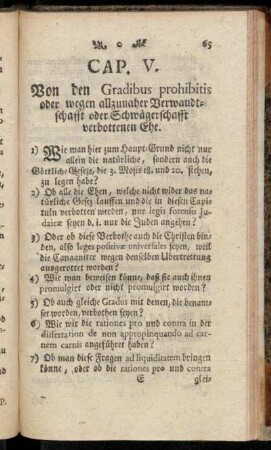 Cap. V. Von den Gradibus prohibitis oder wegen allzunaher Verwandtschafft oder Schwägerschafft verbottenen Ehe.
