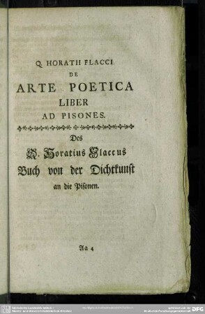 Q. Horatii Flacci De Arte Poetica Liber Ad Pisones
