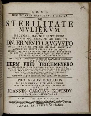 Dissertatio Inauguralis Medica De Sterilitate Mulierum