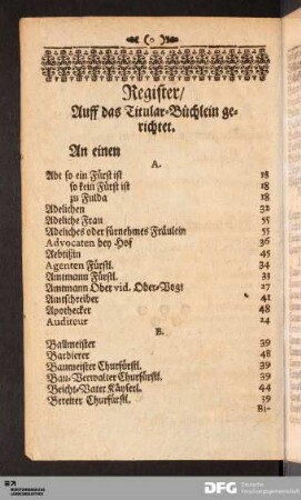 Register/Auff das Titular-Büchlein gerichtet