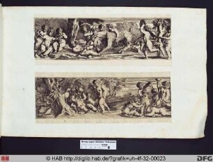 Das Bacchanal. Putti mit Instrumenten, Trauben und einem Krug, umringen einen Widder. Ein Putto umfasst seine Hörner.