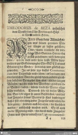 Theodorus de Beza wünschet dem Christlichen Läser Frieden und Häyl in Christo unserm Herrn