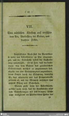 VII. Von nützlichen Kleebau auf verschiedene Art, Verbesserung der Kultur, und feuchten Felder