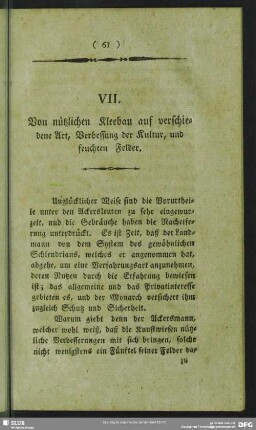 VII. Von nützlichen Kleebau auf verschiedene Art, Verbesserung der Kultur, und feuchten Felder