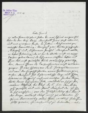 Brief von Gerhart Hauptmann an Julius Elias, geschrieben von Margarete Hauptmann