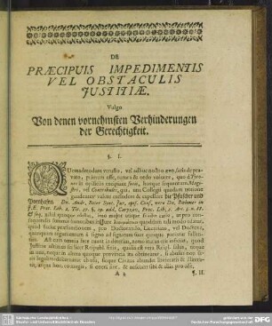 De Praecipuis Impedimentis Vwel Obstaculis Iustitiae. Vulgo Von denen vornehmsten Verhinderungen der Gerechtigkeit