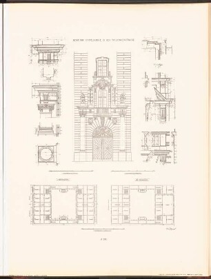 Gemeindeschule Waldenserstraße, Berlin: Grundriss 1.OG, 3.OG, Details (aus: Neubauten der Stadt Berlin, Bd. III, 1904)