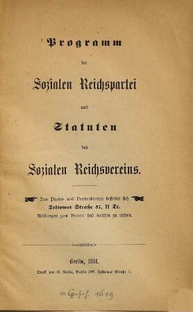 Programm der Sozialen Reichspartei und Statuten des Sozialen Reichsvereins