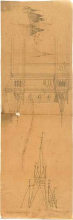 Schmidt, Friedrich von; Skizzen und Pläne - Gebäude (Perspektive, Teilansicht); Turmspitze (Ansicht)