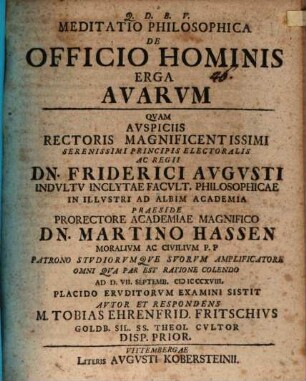 Meditatio Philosophica De Officio Hominis Erga Avarvm, 1