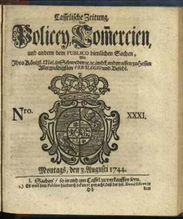 Nro. XXXI, Montags, den 3. Augusti 1744