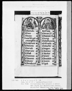 Psalterium (sogenannter Landgrafenpsalter) — Litaneiseite, unter den Bögen zwei heilige Ritter, Folio 173verso