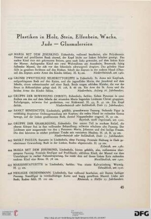 Plastiken in Holz, Stein, Elfenbein, Wachs, Jade – Glasmalereien (Nr. 438-487)