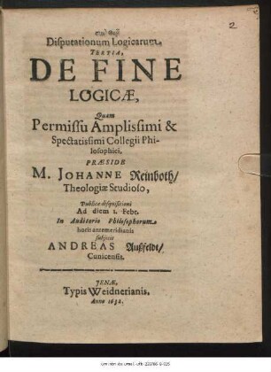 Disputationum Logicarum Tertia, De Fine Logicae