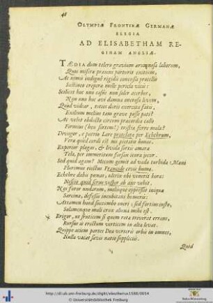 Olympiæ Frontinæ Germanæ Elegia Ad Elisabetham Reginam Angliæ