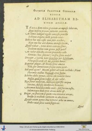 Olympiæ Frontinæ Germanæ Elegia Ad Elisabetham Reginam Angliæ