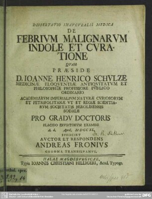Dissertatio Inauguralis Medica De Febrium Malignarum Indole Et Curatione