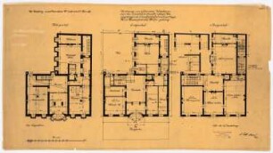 Wohnhaus Kretzer, Berlin-Tiergarten: Grundrisse Keller, Erdgeschoss, 1. Obergeschoss 1:100