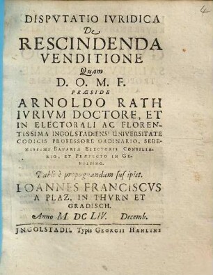 Dispvtatio Ivridica De Rescindenda Venditione