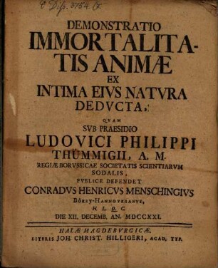 Demonstratio Immortalitatis Animae Ex Intima Eivs Natvra Dedvcta