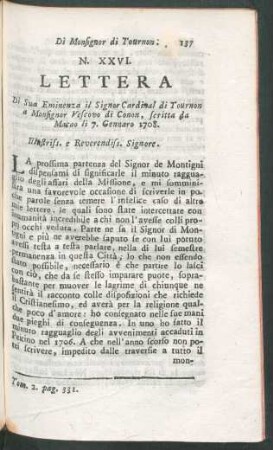N. XXVI. Lettera di Sua Eminenza il Signor Cardinal di Tournon a Monsignor Vescovo di Conon, scritta da Macao li 7. Gennaro 1708.